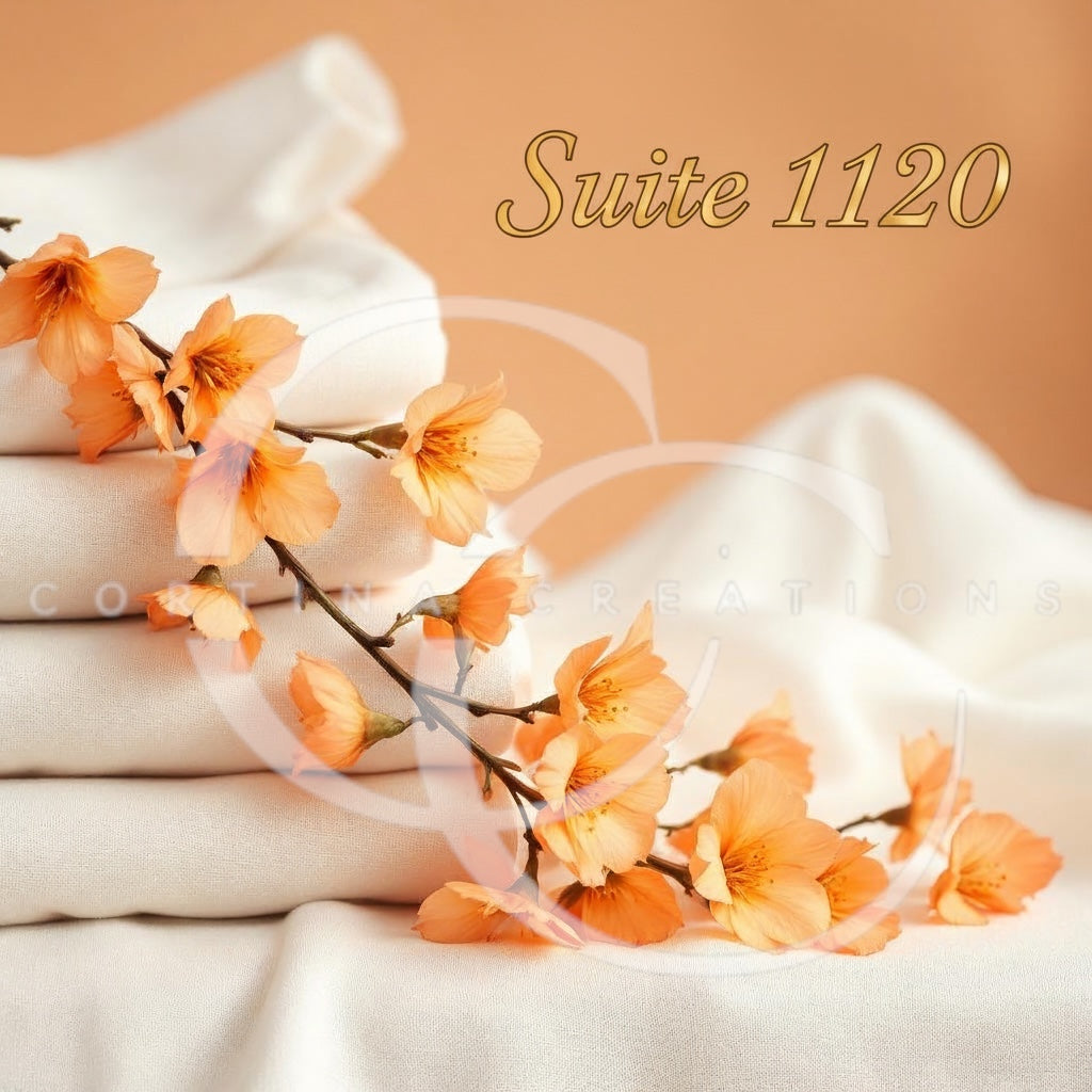 Stack of white towels with orange flowers and 'Suite 1120' text on a beige background