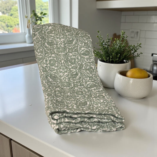 White and Sage patterned Kitchen Towel
