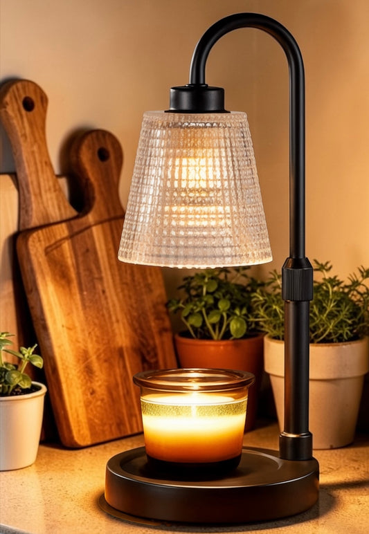 Warming candle lamp with a candle on a kitchen counter
